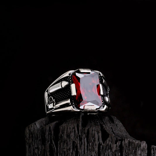 Red Zircon Stone Men's Silver Ring
