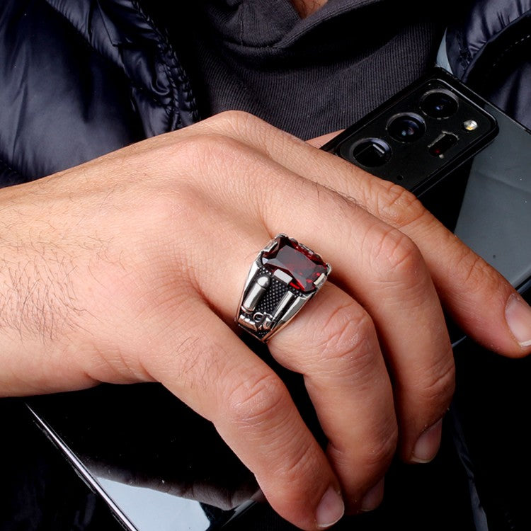 Red Zircon Stone Men's Silver Ring