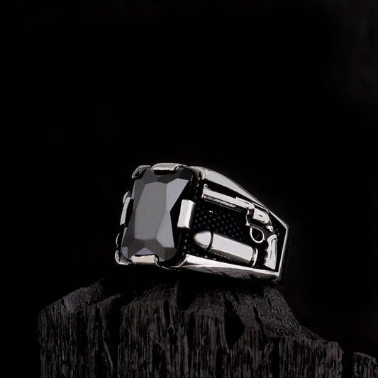 Black Zircon Stone Men's Silver Ring
