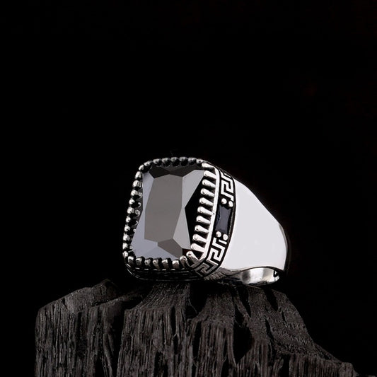 Black Zircon Stone Men's Silver Ring
