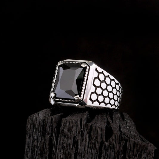 Anneau d'argent pour hommes en pierre de zircon noir