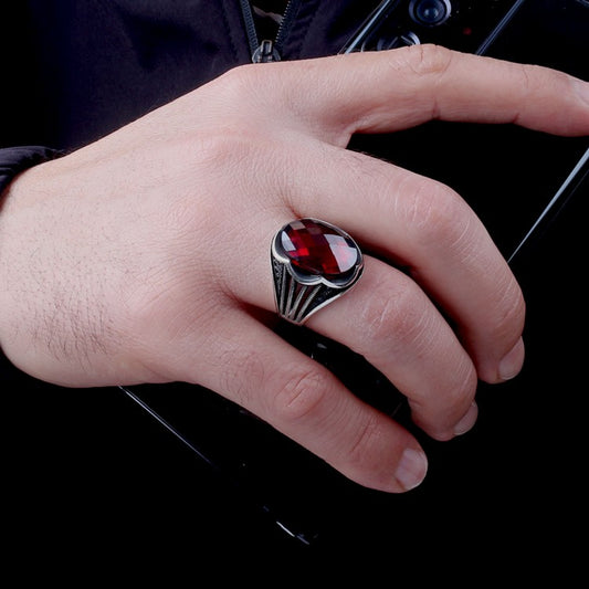 Red Zircon Stone Men's Silver Ring