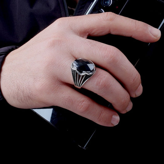 Black Zircon Stone Men's Silver Ring