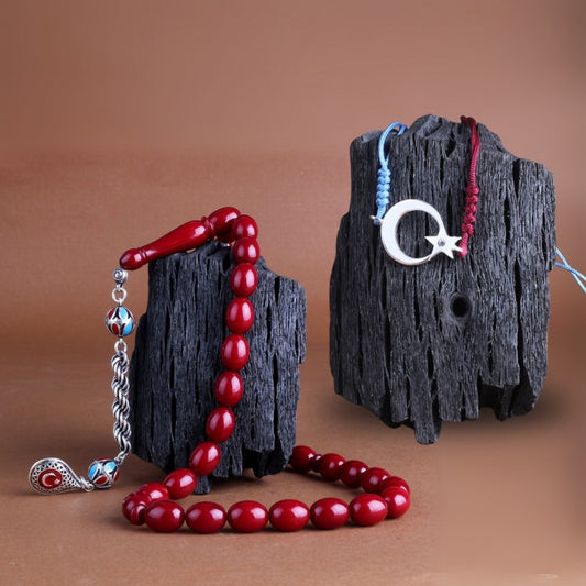 Kombi aus Gebetskette mit 925er Silberquaste und Armband mit Stern-und-Mond-Detail in Bordeaux-Blauem Bernstein