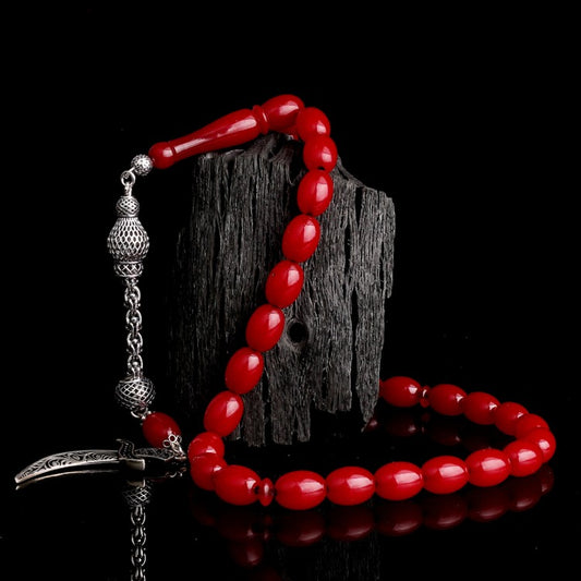 Gebetskette aus Bordeaux Bernstein mit 925er Silberquaste – Modell Hz. Ali