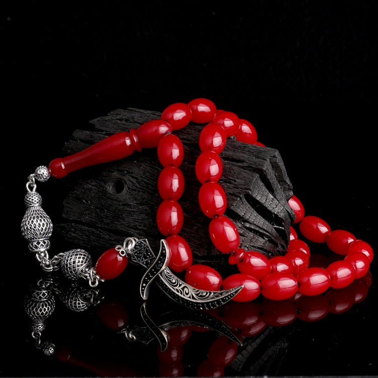 925 Ayar Gümüş Püsküllü Bordo Ateş Kehribar Hz. Ali Tesbih