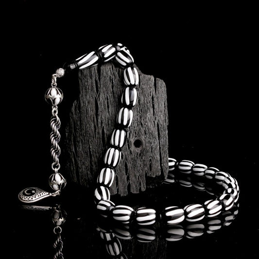 Gebetskette aus Feuerbernstein mit 925er Silber, Schwarz-Weiß Halbmond-Stern & Beşiktaş Design