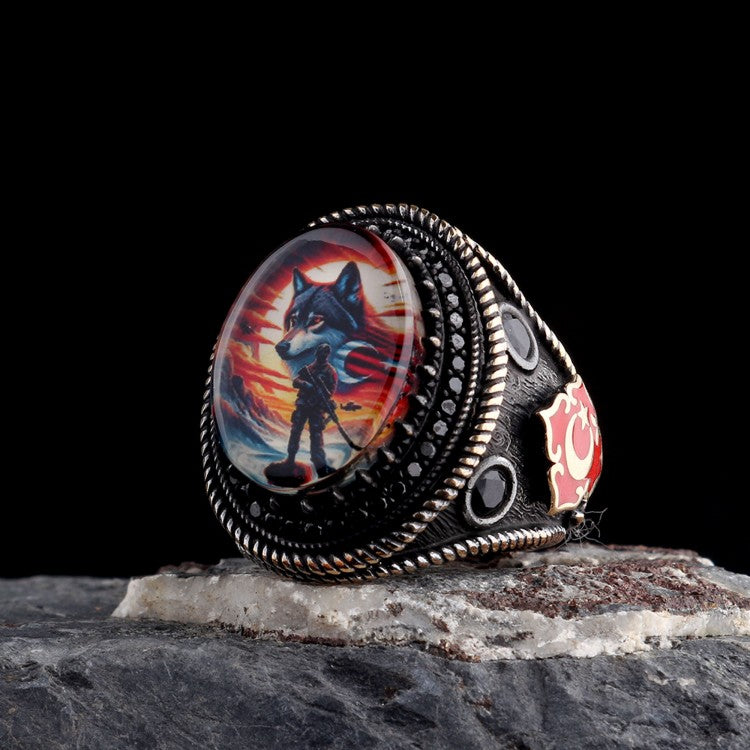 Herrenring mit 925er Silber, Halbmond-Stern & Wolf Design