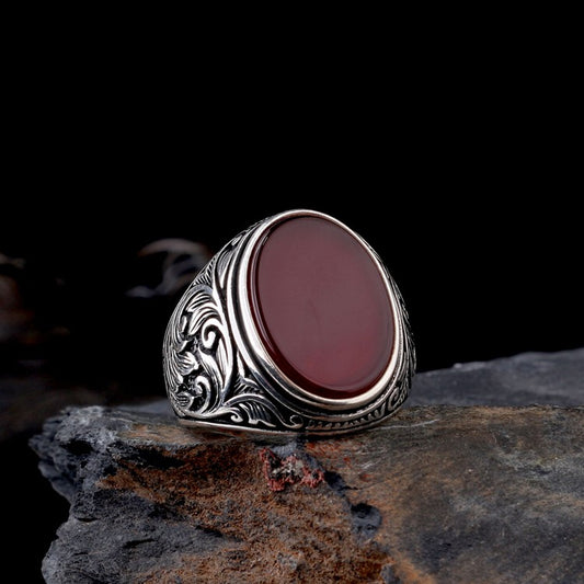 Agate Stone Pen Processing 925 Sterling Silver Men Ring