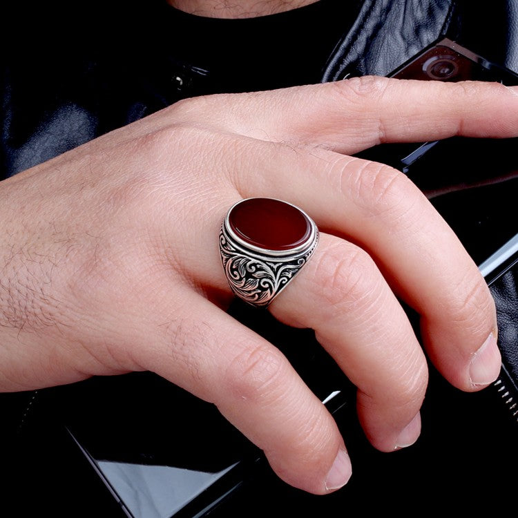 Agate Stone Pen Processing 925 Sterling Silver Men Ring