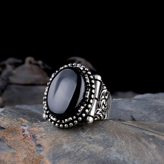 Ovale Onix Stone 925 Bague d'hommes en argent sterling