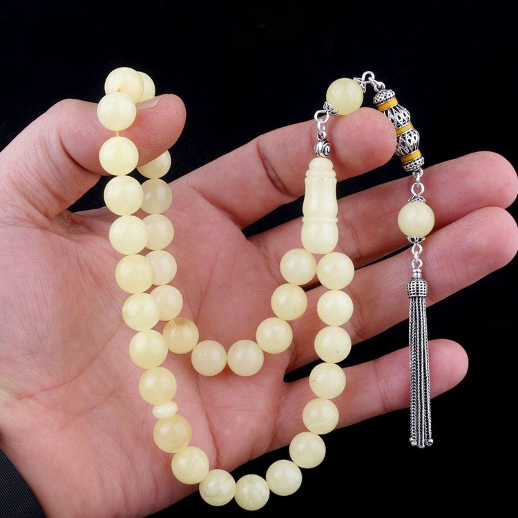 Saf Sarı – 925 Ayar Gümüş Püsküllü Kehribar Tesbih