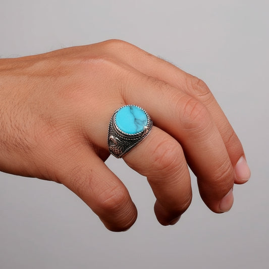 Bague pour homme en argent sterling 925 avec pierre turquoise et motif aigle