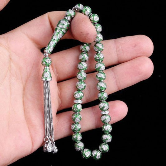 Green Enamel Zircon Stone 925 Sterling Silver Rosary