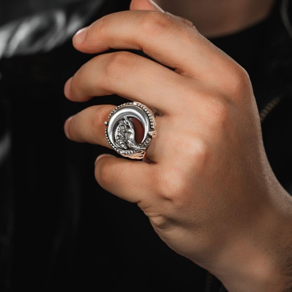 Gray Wolf Crescent Silver Ring