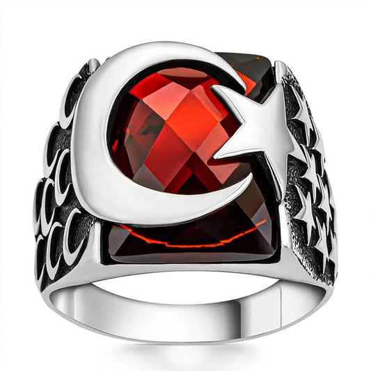 Bague en argent avec pierre rouge, étoile de lune