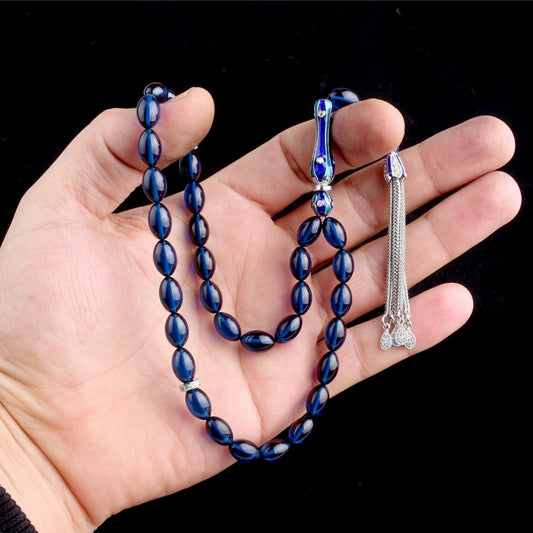 Parliament blue barley cut fire amber rosary - 925 sterling silver