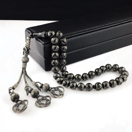 Rosenkranz aus schwarzem Feuerbernstein – Kazaziye mit Quasten