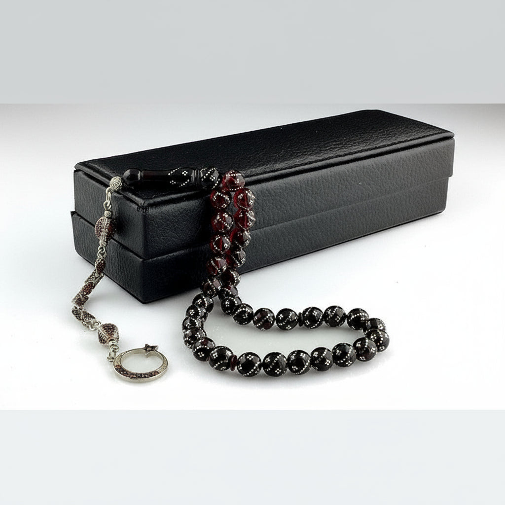 Rosenkranz aus Zirkonstein, Halbmond und Stern, Feuer-Bernstein-Modell