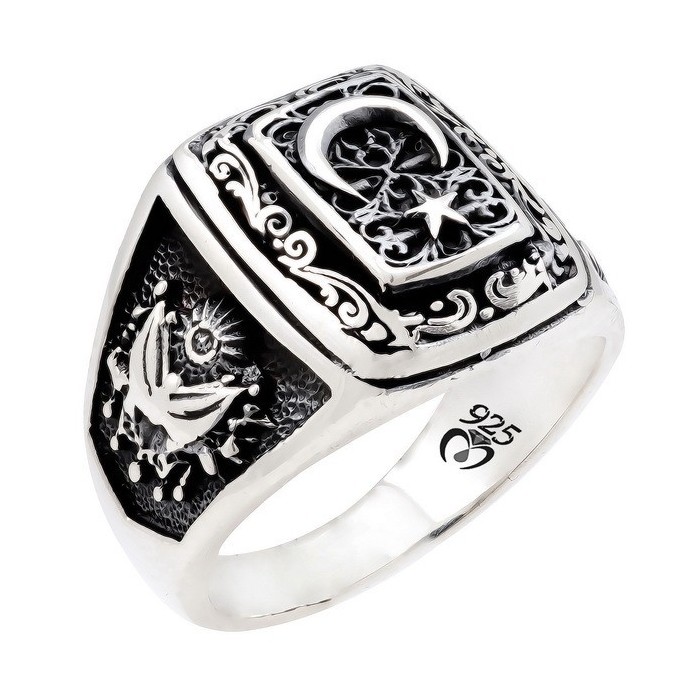 Moon Star Double Headed Eagle Mens 925s Silver Ring