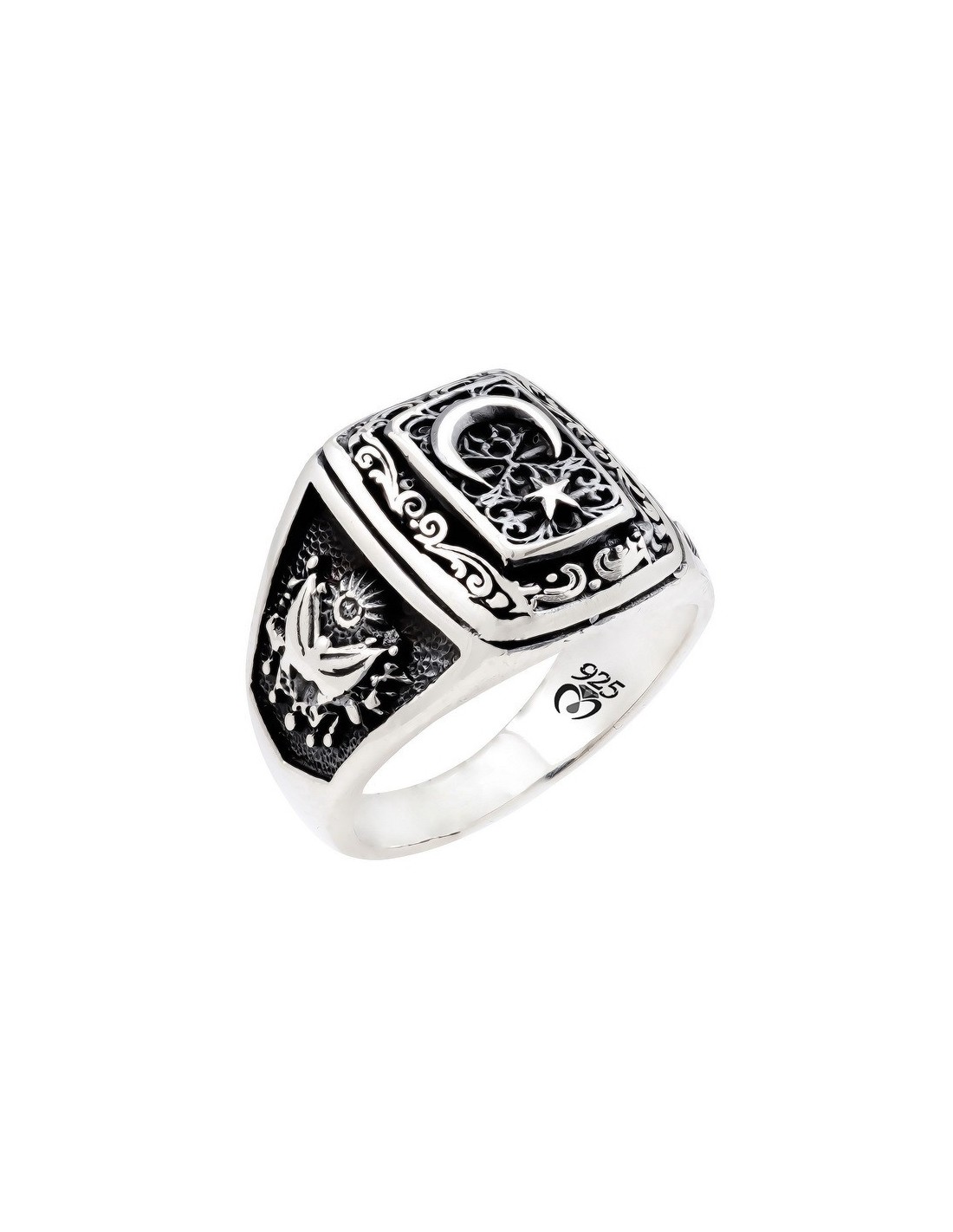 Moon Star Double Headed Eagle Mens 925s Silver Ring