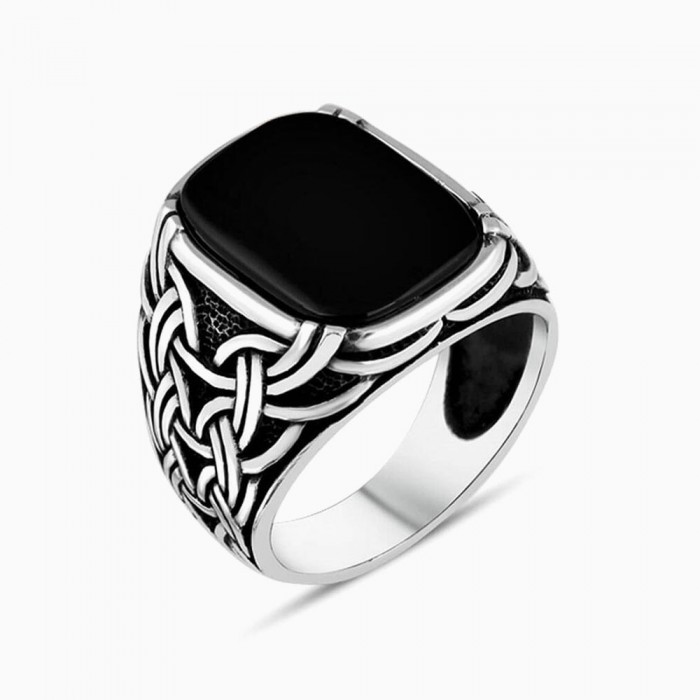 Black Onyx Stone Silver Men's Ring