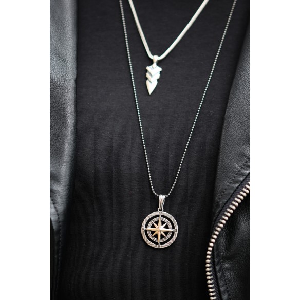 Men's Compass Necklace / Solid Sterling Silver / Rustic Oval Stamped Compass  / Adjustable Leather Cord