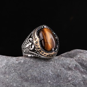 Tiger Eye Stone Scorpion Design Men's Sterling Silver Ring