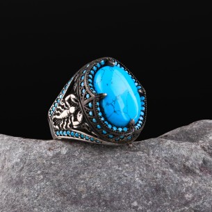 Turquoise Stone Scorpion Design Men's Sterling Silver Ring