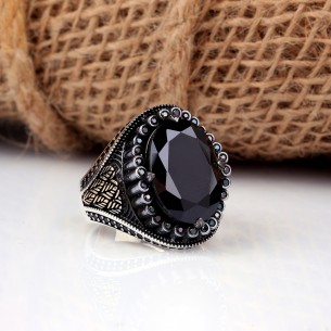 Special Design Men's Sterling Silver Ring With Black Zircon Stone