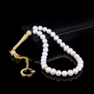925 Sterling Silver Gold Plated Tassel Pearl Stone Rosary