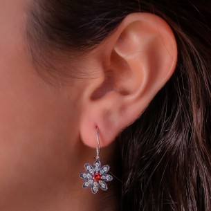 Zircon Stone Flower Red White 925 Sterling Silver Earrings