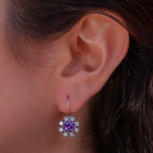 Zircon Stone Flower Design Purple and White 925 Sterling Silver Earrings