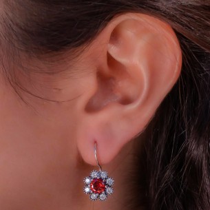 Zircon Stone Flower Design Red White 925 Sterling Silver Earrings