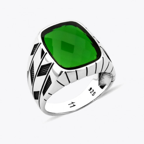 Green Zircon Stone Men's Sterling Silver Ring