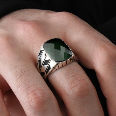Green Zircon Stone Men's Sterling Silver Ring