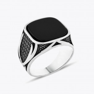 Black Zirconia Stone Zülfikar Design Men's Sterling Silver Ring