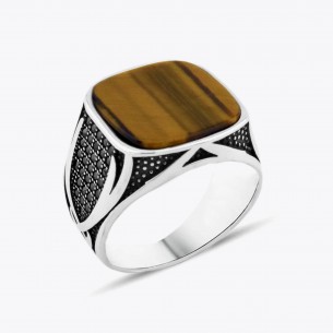Tiger Eye Stone Zülfikar Design Men's Sterling Silver Ring