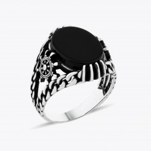Anchor Design Silver Ring with Onyx Stone