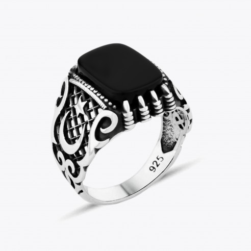 Onyx Stein Mond Stern Design Ring aus Sterlingsilber