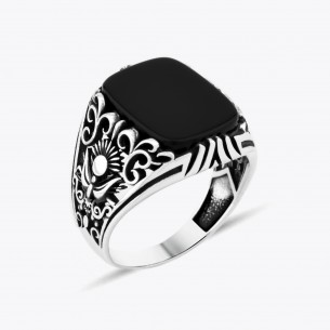 Onyx Stone Ottoman State Coat of Arms Design Silver Ring