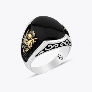 Ottoman Empire Coat of Arms Onyx Stone Silver Ring