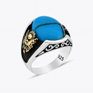 Ottoman Empire Coat of Arms Turquoise Stone Silver Ring