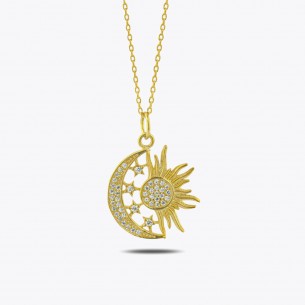 Silberne Halskette mit Sonne und Mond und Zirkonia Stein