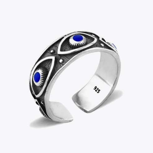 Navy Blue Enamel Eye Silver Ring