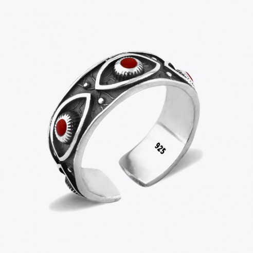 Red Enamel Eye Silver Ring