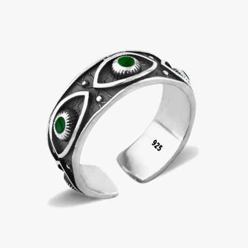 Green Enamel Eye Silver Ring