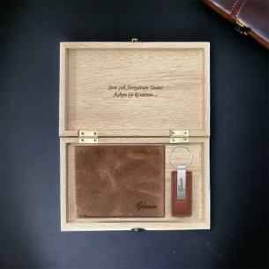 Personalized Leather Wallet, Keychain, and Wooden Box Gift Set