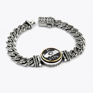 Three Crescents Moon Star Turkey Gokturk Special Design Silver Bracelet