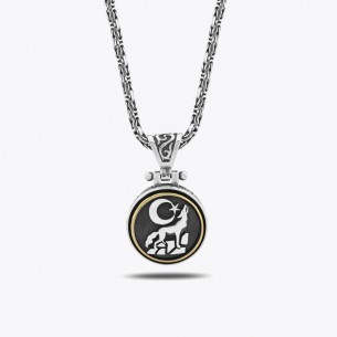 Mond Stern Grauer Wolf Maßgefertigtes Design Silber Halskette